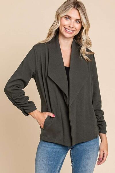 Taking On The Day Ruched Open Front Jacket