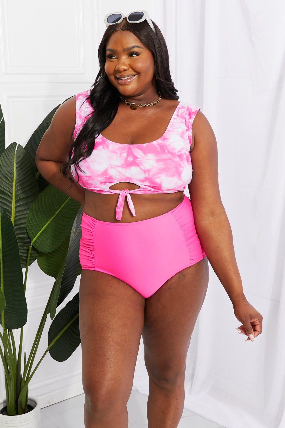 Sanibel Crop Swim Top and Ruched Bottoms Set in Pink - Copper + Rose
