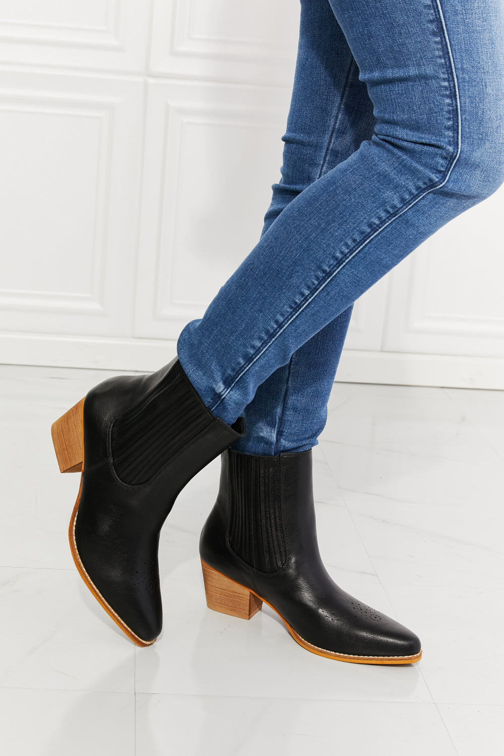 Love the Journey Stacked Heel Chelsea Boot in Black - Copper + Rose