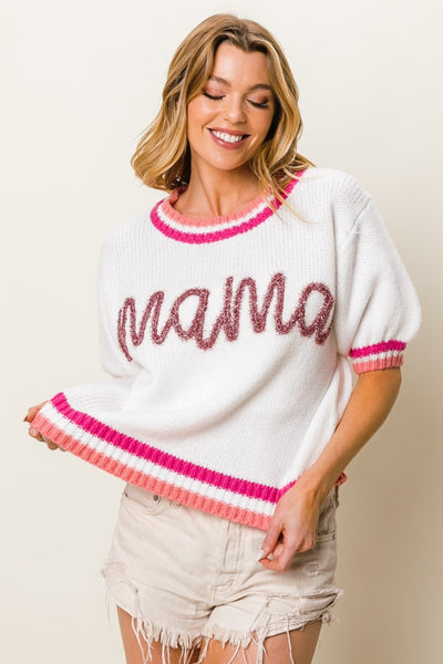 MAMA Embroidered Short Sleeve Sweater