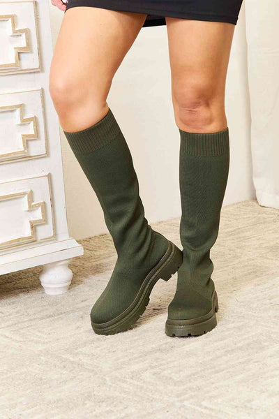 Diva Knee High Platform Sock Boots - Olive