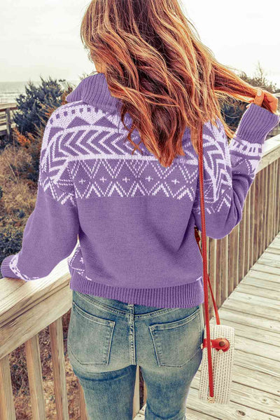 Geometric Lover Zip-Up Mock Neck Sweater