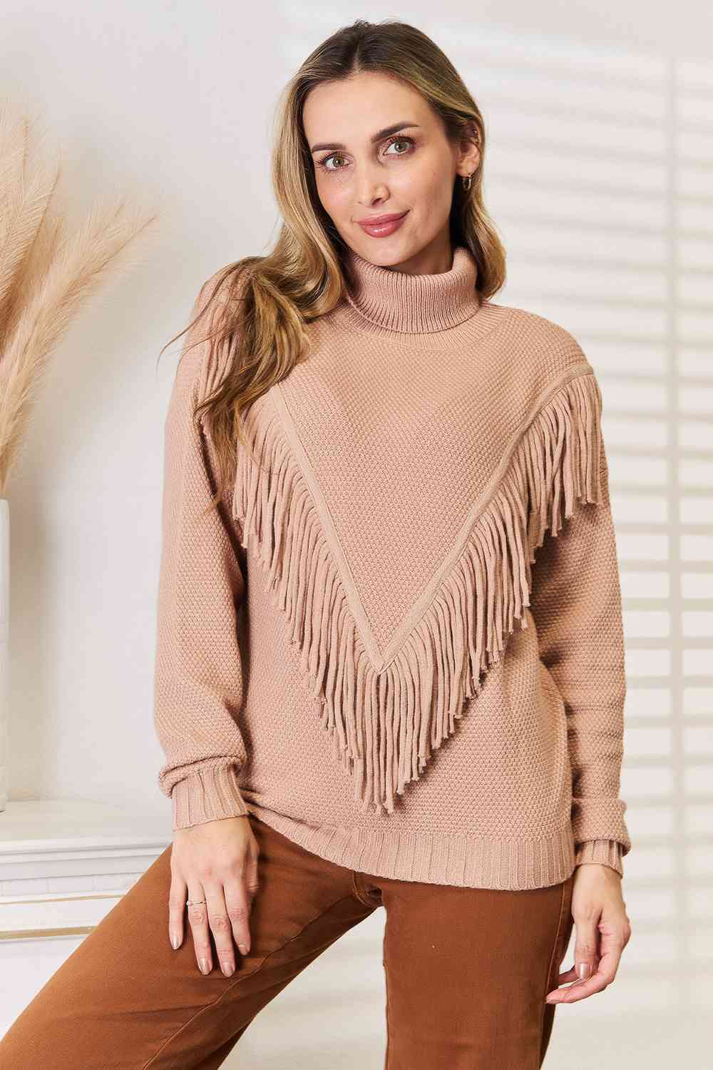 Woven Right Turtleneck Fringe Sweater