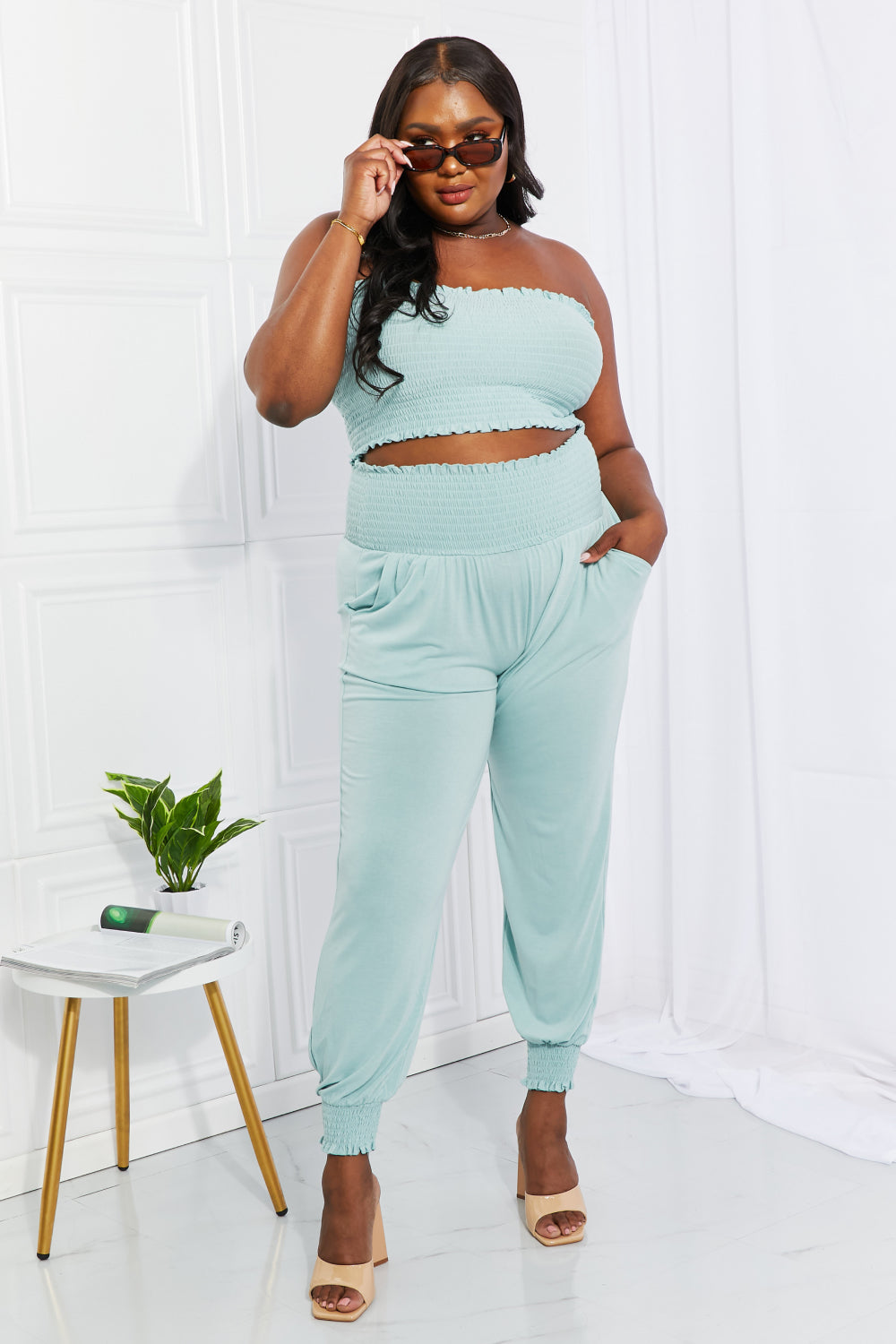 Stylish Comfort Tube Top & Joggers Set - Copper + Rose