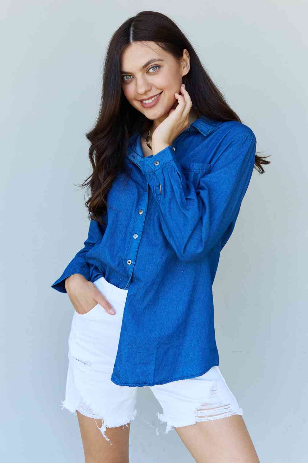 Blue Jean Baby Chambray Button Down Top in Dark Blue