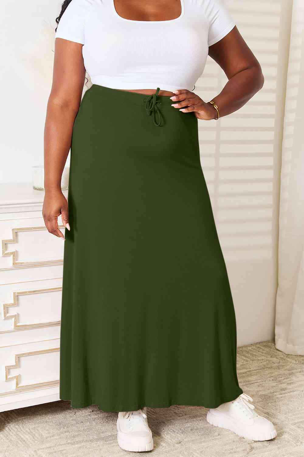 Soft Rayon Drawstring Waist Maxi Skirt Rayon