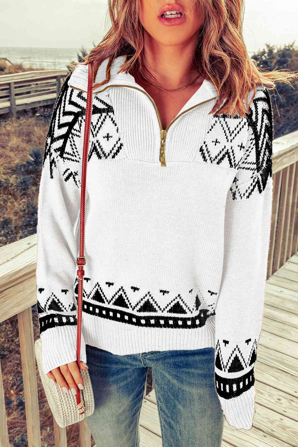 Geometric Lover Zip-Up Mock Neck Sweater