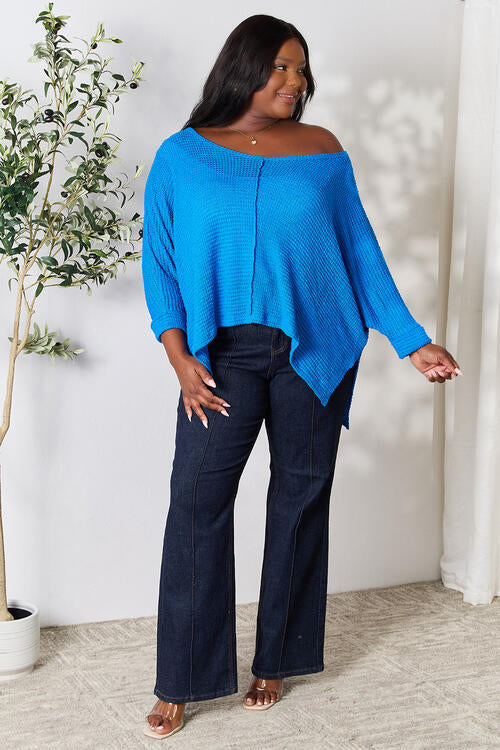 For The One High-Low Slit Knit Top - Blue