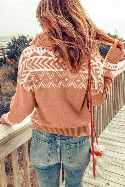 Geometric Lover Zip-Up Mock Neck Sweater