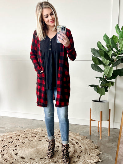 Hot Cocoa Open Front Cardigan In Buffalo Plaid