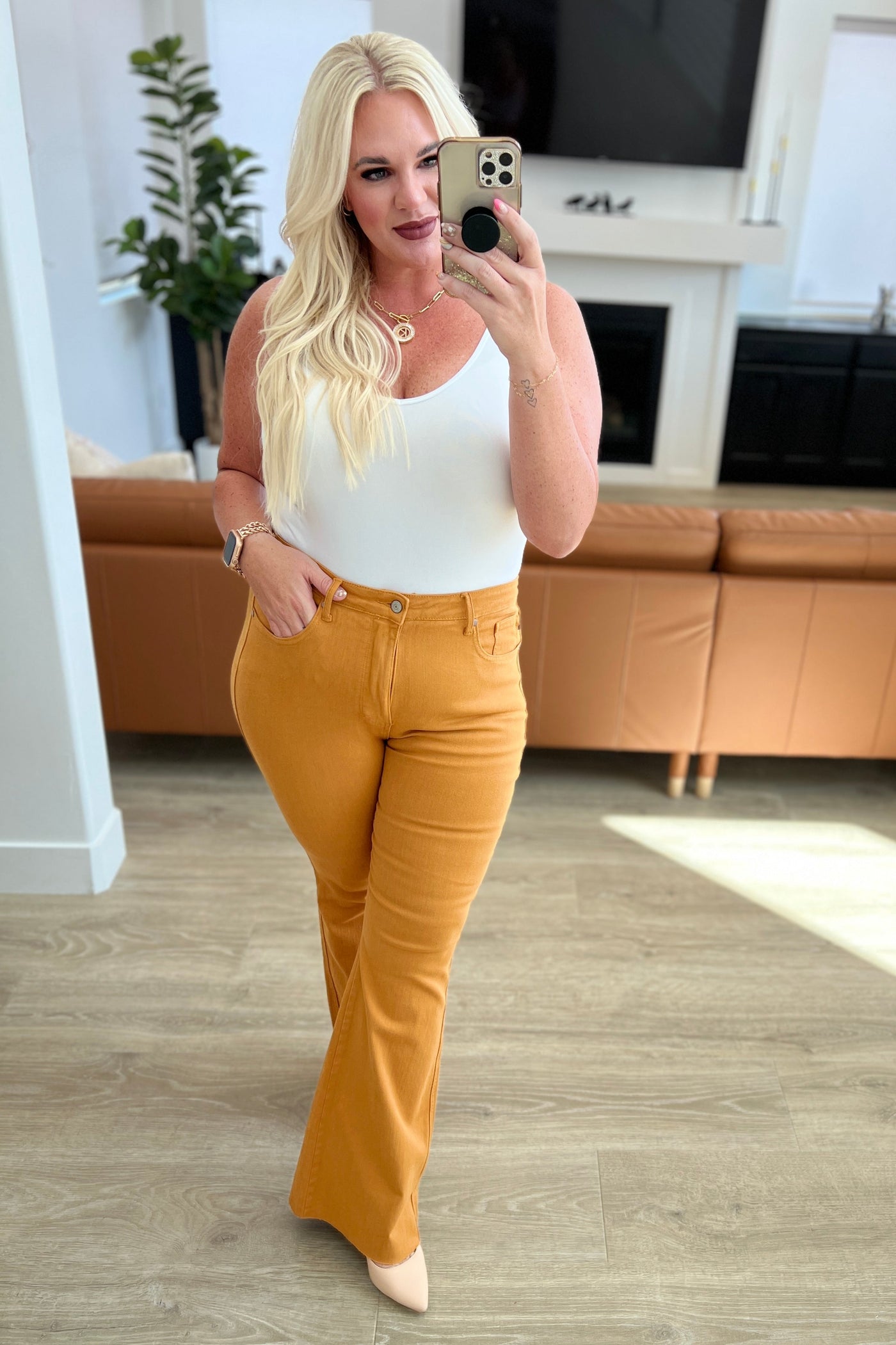 Judy Blue Melinda High Rise Control Top Flare Jeans in Marigold