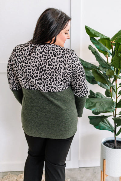 Snow Leopard Color Block Top in Olive
