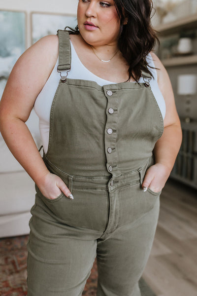 Judy Blue Olivia Control Top Release Hem Overalls in Olive