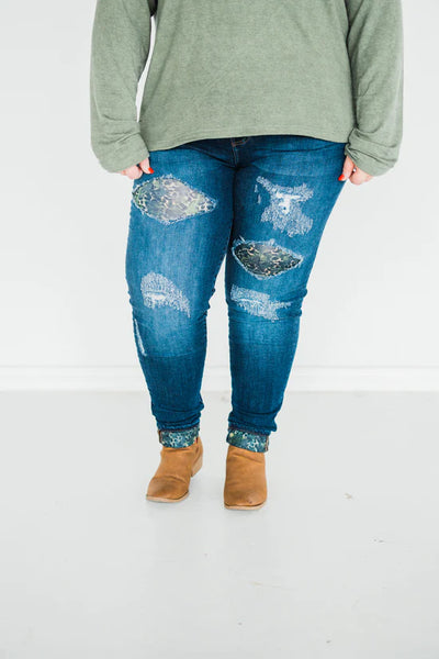Rubies + Honey Mid-Rise Camo Leopard Patch Distressed Dark Wash Skinny Jeans - Copper + Rose