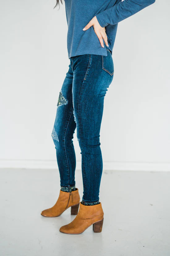 Rubies + Honey Mid-Rise Camo Leopard Patch Distressed Dark Wash Skinny Jeans - Copper + Rose