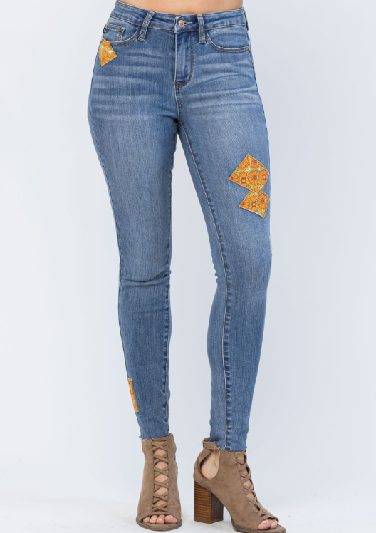 Retro Vibes Judy Blue Patch Skinny Jeans - Copper + Rose