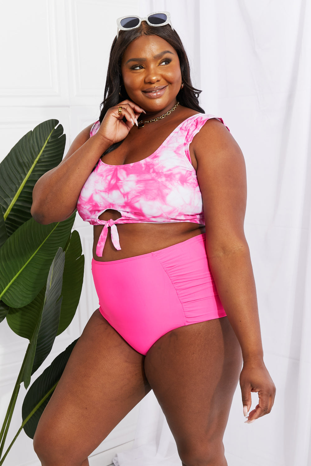 Sanibel Crop Swim Top and Ruched Bottoms Set in Pink - Copper + Rose