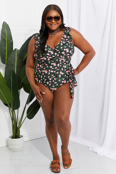 Float On Ruffle Faux Wrap One-Piece in Floral - Copper + Rose