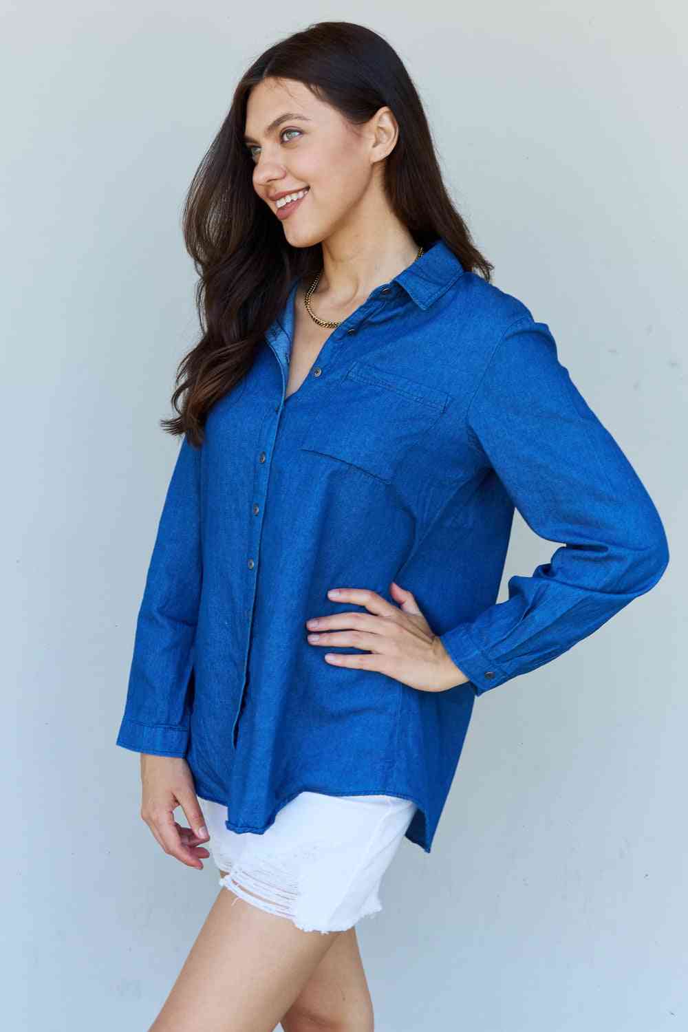 Blue Jean Baby Chambray Button Down Top in Dark Blue
