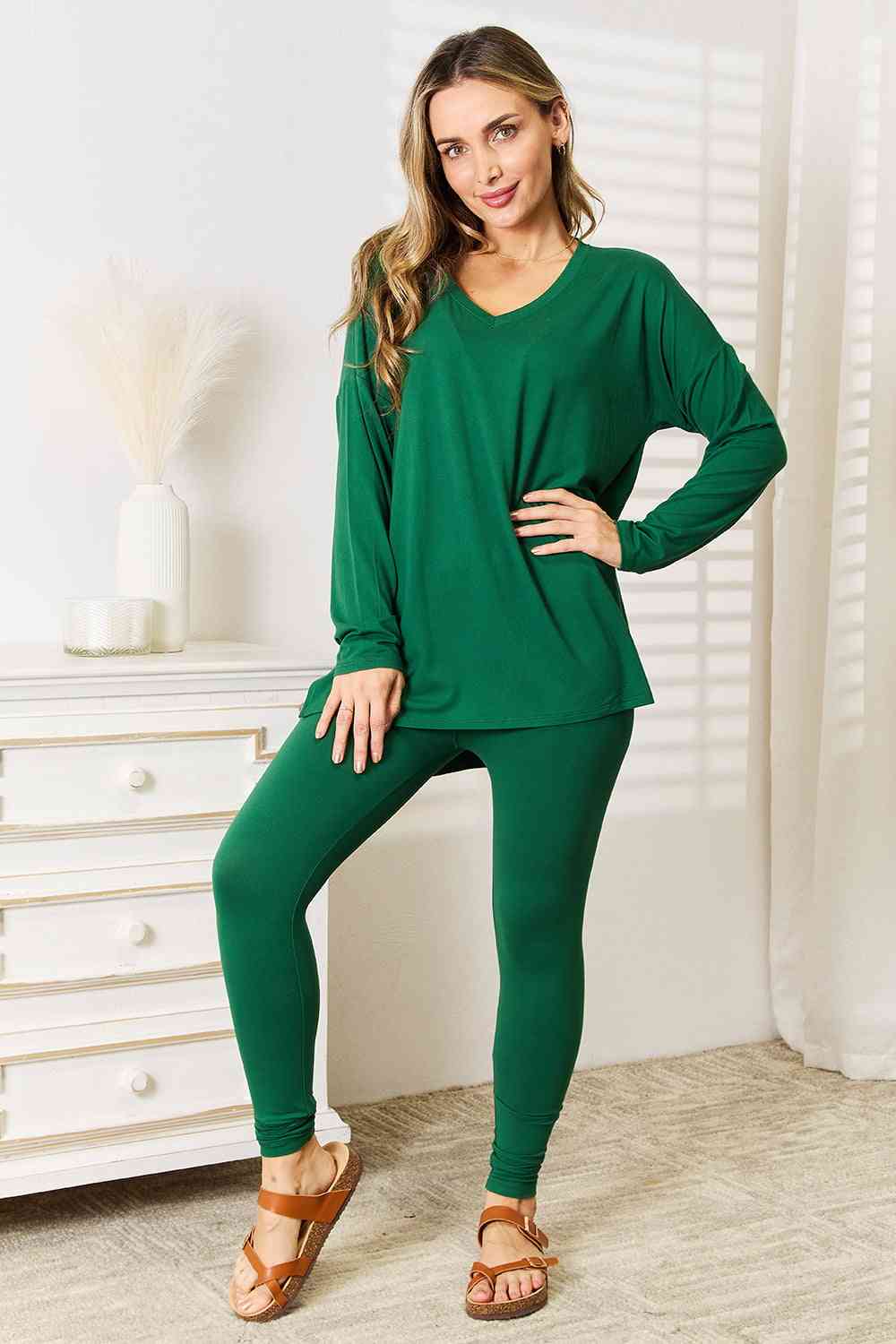 Lazy Days Top and Leggings Set in Dark Green