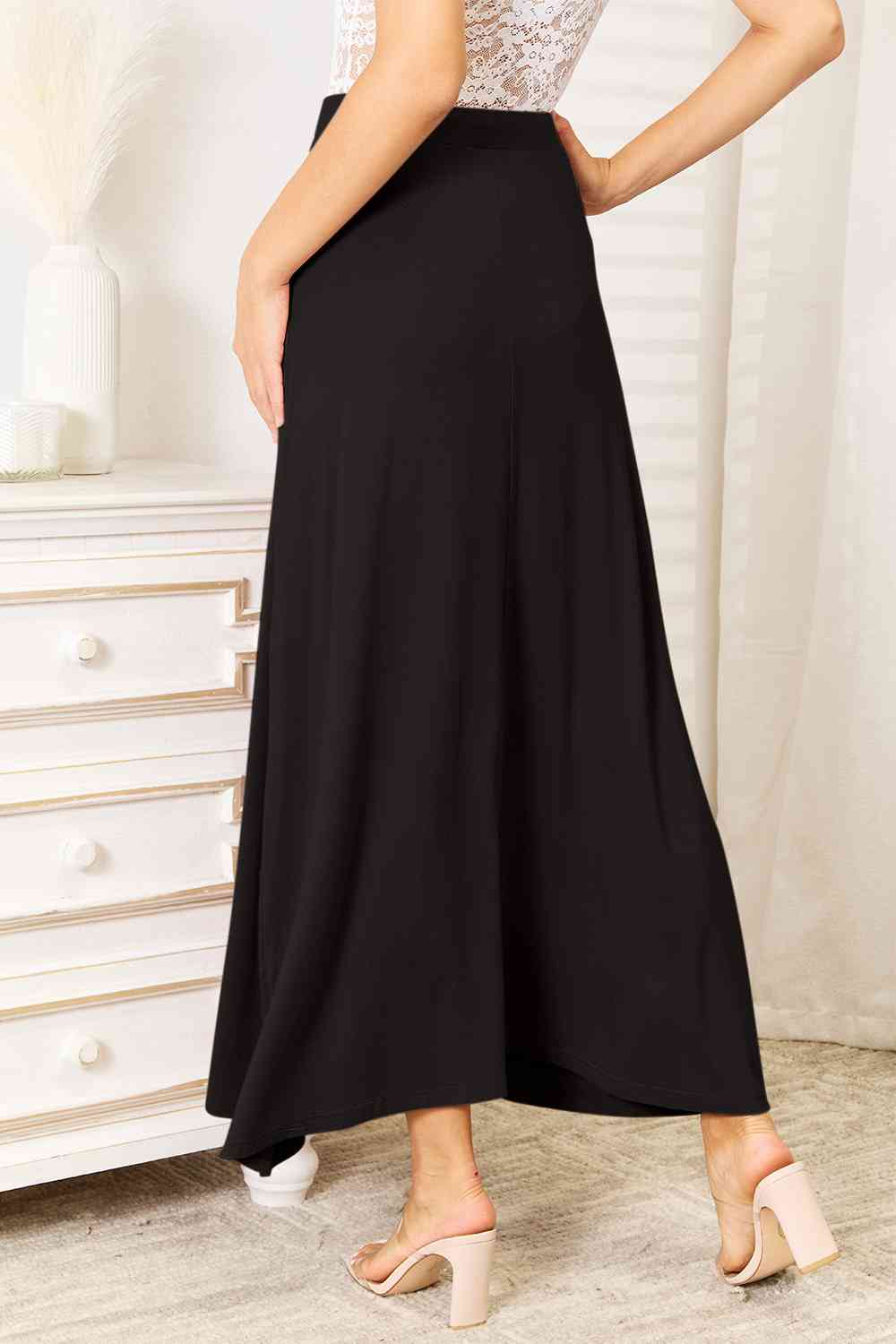 Soft Rayon Drawstring Waist Maxi Skirt Rayon