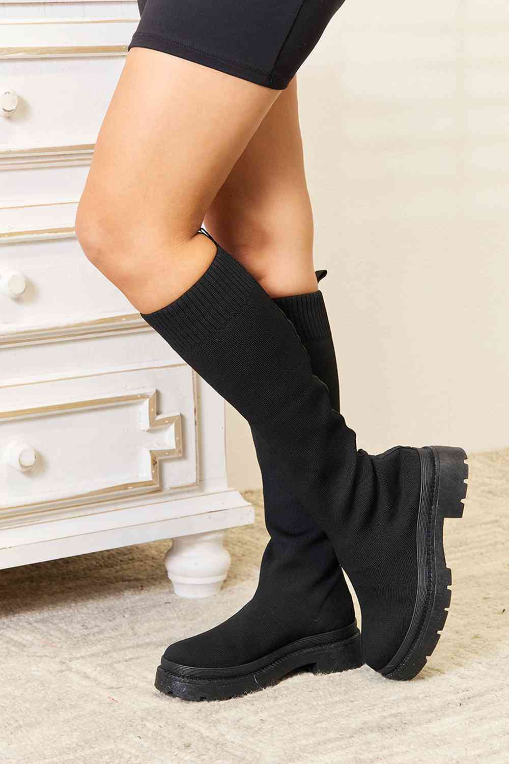 Diva Knee High Platform Sock Boots - Black