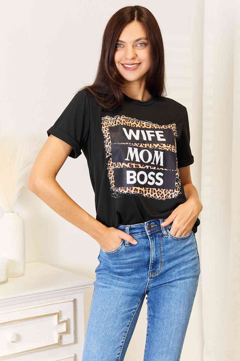 WIFE MOM BOSS Leopard Graphic T-Shirt