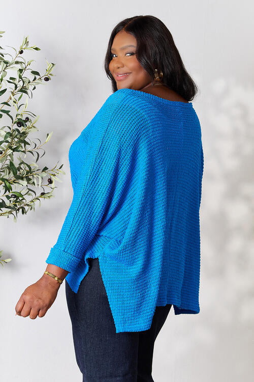 For The One High-Low Slit Knit Top - Blue