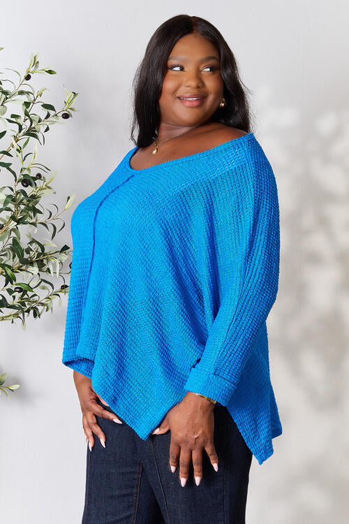 For The One High-Low Slit Knit Top - Blue