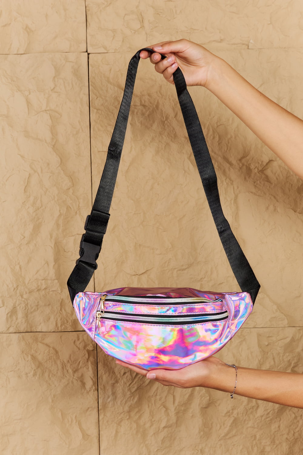 Good Vibrations Holographic Fanny Pack in Hot Pink