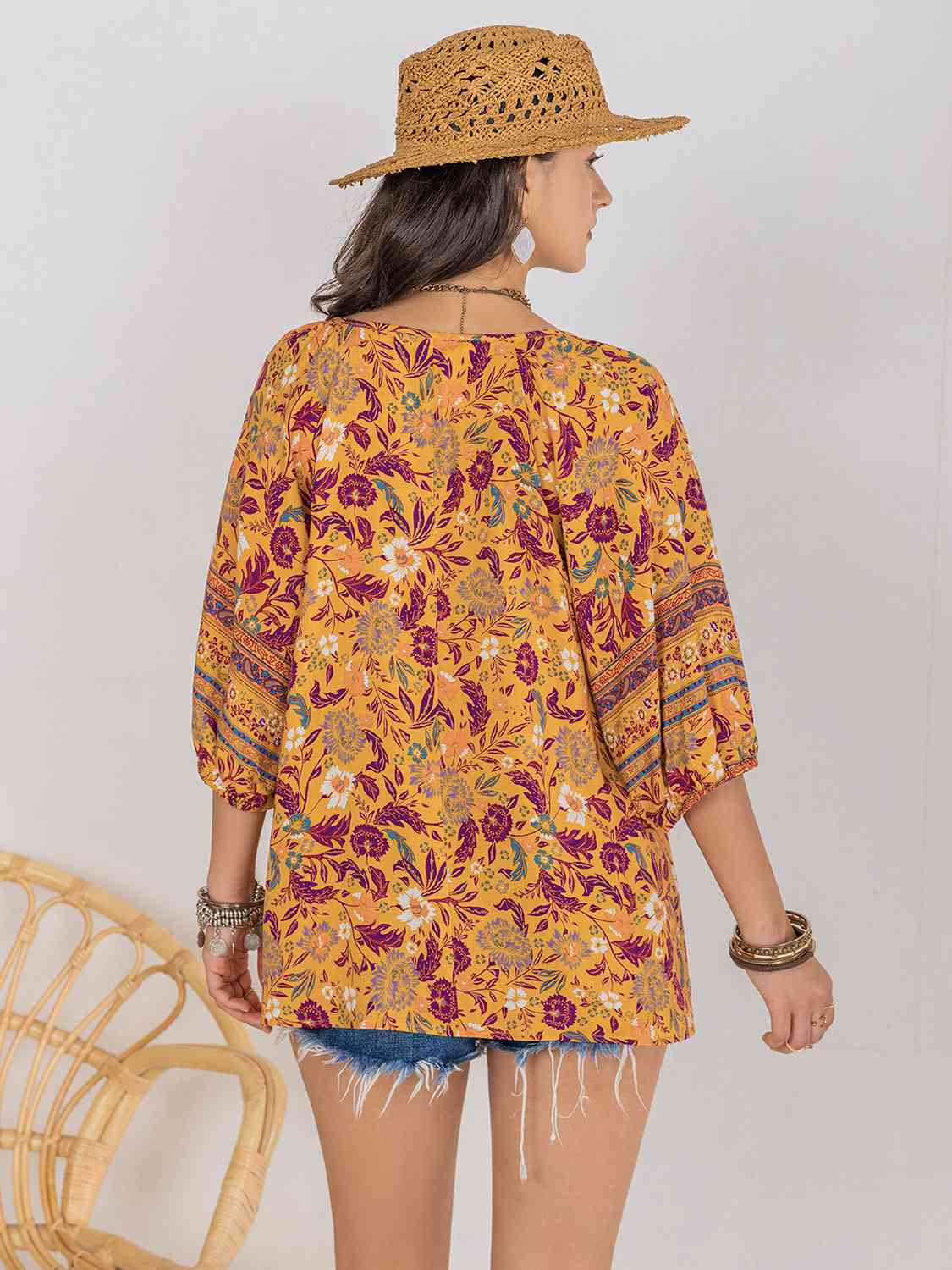 Autumn Blooms Tie Neck Blouse