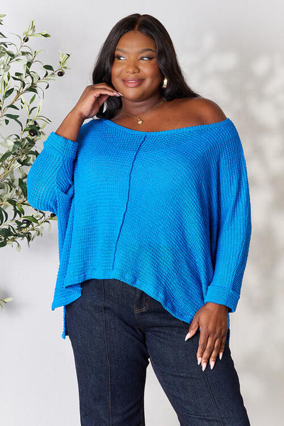 For The One High-Low Slit Knit Top - Blue