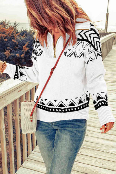 Geometric Lover Zip-Up Mock Neck Sweater