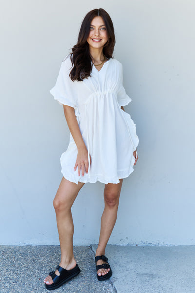 Out Of Time Ruffle Hem Dress with Drawstring Waistband in White