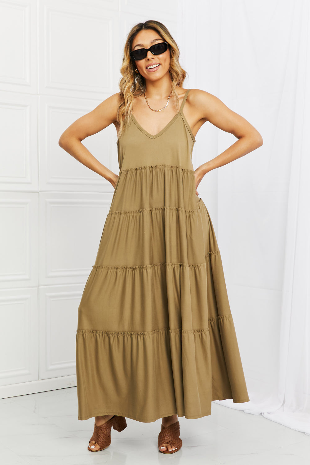 Full Twirl Tiered Dress with Pockets in Khaki - Copper + Rose