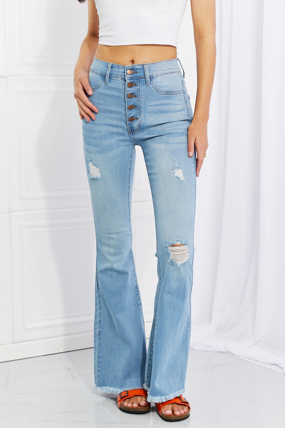 MIU Jess Button Flare Jeans - Copper + Rose