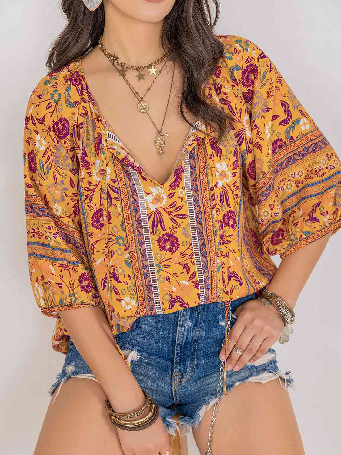 Autumn Blooms Tie Neck Blouse